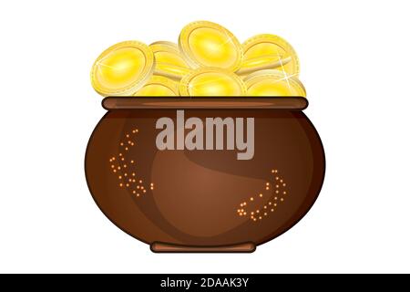 Pot of gold isolated on white background. Brown cauldron full of golden coins. Saint Patrick's day. Treasure of leprechaun. Stock vector illustration Stock Vector