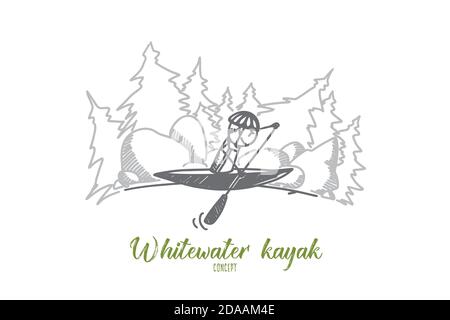 Whitewater kayak concept. Hand drawn isolated vector. Stock Vector