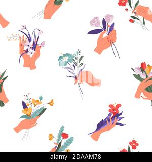 Female hand holding flowers in blossom pattern Stock Vector
