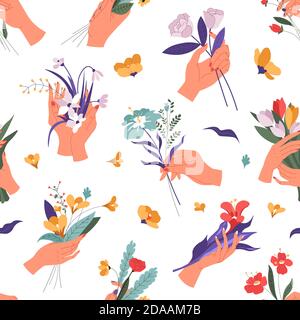 Elegant hand of woman holding flowers bouquet Stock Vector
