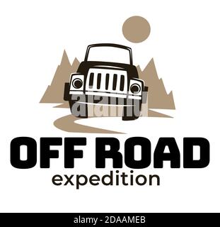 Off road expedition emblem with car in pine forest Stock Vector