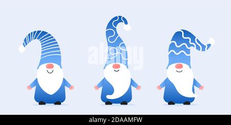 Set of cute christmas gnomes in funny hats in blue color. Vector illustration of northern elfs, cartoon scandinavian dwarfs. Xmas elements for design Stock Vector