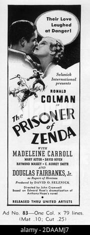 RONALD COLMAN and MADELEINE CARROLL in THE PRISONER OF ZENDA 1937 director JOHN CROMWELL novel Anthony Hope screenplay John L. Balderston music Alfred Newman costumes Ernest Dryden art direction Lyle R. Wheeler producer David O. Selznick  Selznick International Pictures / United Artists Stock Photo