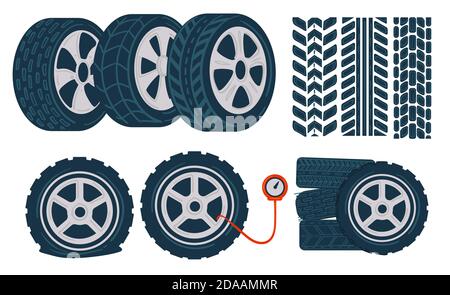 Rubber car tyres and pressure measurement vector Stock Vector