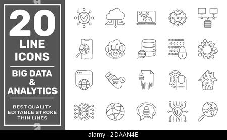 Data Processing line vector icon set. Contains such icons as Big Data, Data Analytics, Data Collection, Cloud Computing, Machine Learning, Security Stock Vector