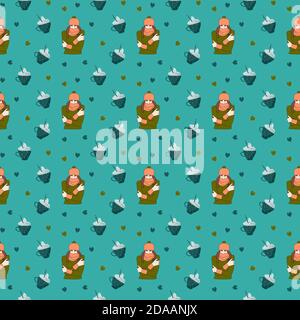 Seamless pattern with blue background frozen girl and cappuccino cups Stock Vector