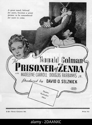 RONALD COLMAN and MADELEINE CARROLL in THE PRISONER OF ZENDA 1937 director JOHN CROMWELL novel Anthony Hope screenplay John L. Balderston music Alfred Newman costumes Ernest Dryden art direction Lyle R. Wheeler producer David O. Selznick  Selznick International Pictures / United Artists Stock Photo