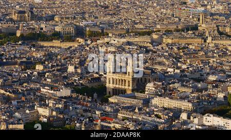 Aerial panorama view of historic city center of Paris, France with popular cathedral Saint-Sulpice (Roman Catholic church) and Centre Pompidou. Stock Photo