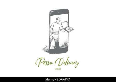 Pizza delivery concept. Hand drawn isolated vector. Stock Vector