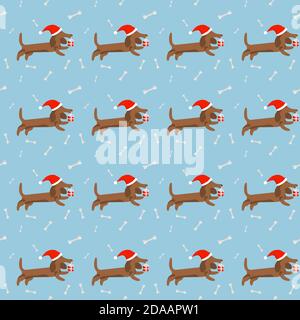 New Year and Christmas seamless pattern with dachshund in santa hat Stock Vector