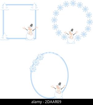 New Year and Christmas frames with snowman, Christmas tree and snowflakes Stock Vector