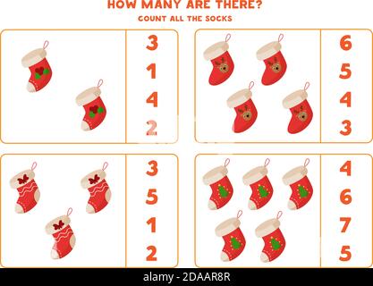 Counting game with cartoon Christmas socks. Math game. Stock Vector