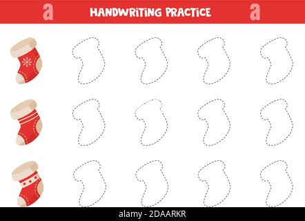 Tracing contours with Christmas socks. Handwriting practice. Stock Vector