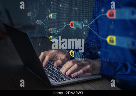 Blockchain financial technology to secure cryptocurrencies as bitcoin for online payments and money transaction. Fintech concept with encrypted ledger Stock Photo