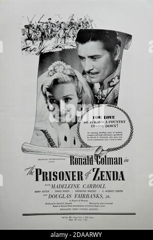 RONALD COLMAN and MADELEINE CARROLL in THE PRISONER OF ZENDA 1937 director JOHN CROMWELL novel Anthony Hope screenplay John L. Balderston music Alfred Newman costumes Ernest Dryden art direction Lyle R. Wheeler producer David O. Selznick  Selznick International Pictures / United Artists Stock Photo