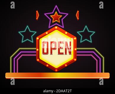 Open neon sign with stars and lines on banner Stock Vector
