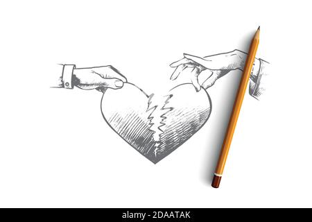 Single One Line Drawing Heartbroken Arabic Couple Parting, Divorce. Sad  Young Man And Woman Trying To Put Together Parts Of Broken Heart. Modern  Continuous Line Draw Design Graphic Vector Illustration Royalty Free