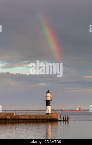 geography / travel, Germany, Schleswig-Holstein, Brunsbuettel, rainbow across flare pier beacon 3, Bru, Additional-Rights-Clearance-Info-Not-Available Stock Photo