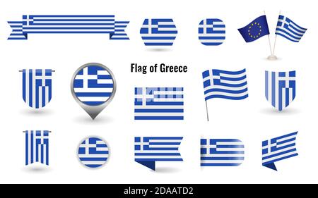 The Flag of Greece. Big set of icons and symbols. Square and round Greek flag. Collection of different flags of horizontal and vertical. Stock Vector