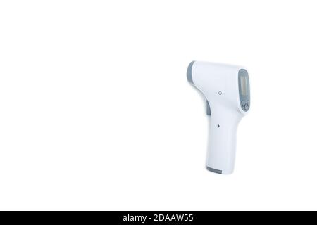 Temperature gun isolated on white background. Close up of laser thermometer with copy space for text. Stock Photo