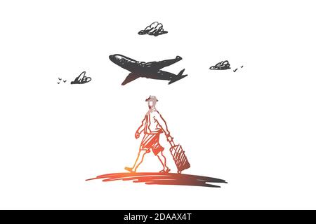 Traveler, walking, suitcase, airport concept. Hand drawn isolated vector. Stock Vector