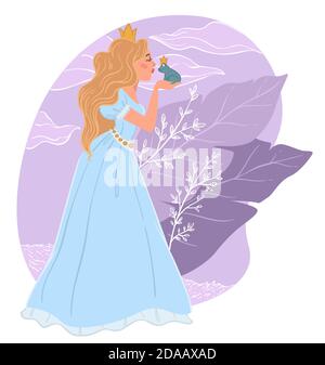 Princess kissing frog, fairy tale illustration Stock Vector