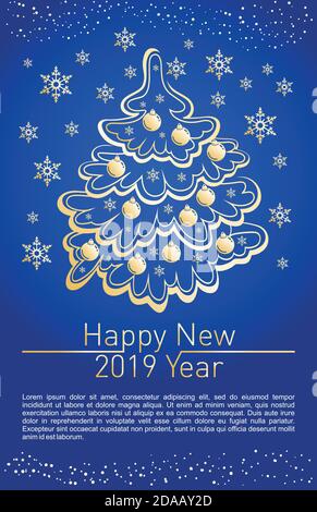 New Year greeting card design with stylized Christmas tree, snowflakes and decorations. Vector golden line illustration Stock Vector
