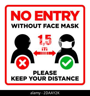 Prohibitory door sign No entry without face mask. Safety distance indicator. Illustration, vector Stock Vector