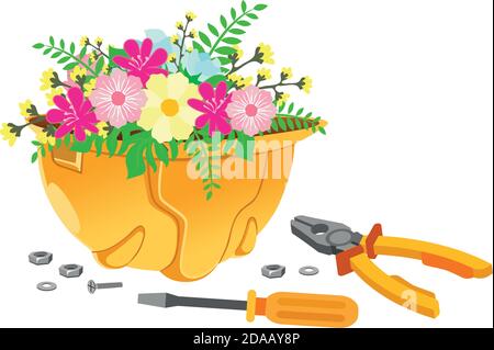 Happy Labor day greeting card. Working tools, inverted work helmet with spring flowers Stock Vector