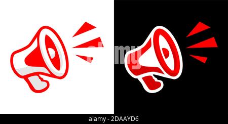 Red and white megaphone flat icon on white and black background. Illustration, vector Stock Vector