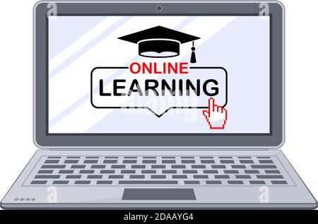 Online learning on laptop computer. Distance education concept. Flat vector illustration on transparent background. Stock Vector