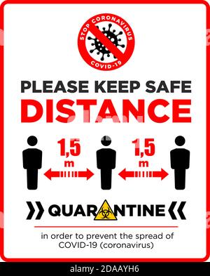 Warning sign Please keep safe distance of 1.5 m. Quarantine actions, risk of coronavirus COVID-19 infection. Illustration, vector Stock Vector