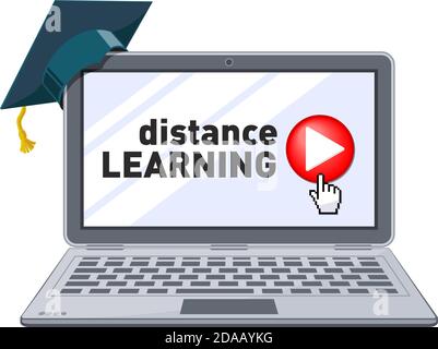 Online education or distance exam. Internet course e-learning from home online studying on laptop. Concept on transparent background. Illustration, ve Stock Vector