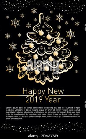 New Year greeting card design with stylized Christmas tree, snowflakes and decorations. Vector golden line illustration Stock Vector