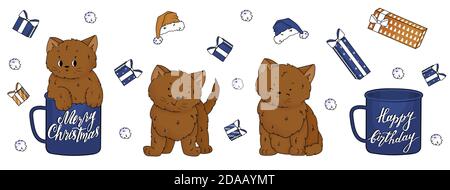Set of cute brown hand drawn cartoon cats or kittens. One animal is in the cup, other is sitting on the floor, the last one is standing. They are surr Stock Vector