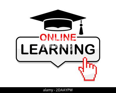 Online learning. Advertising internet education, training courses.  Flat design badge, icon with cursor . Illustration, vector Stock Vector
