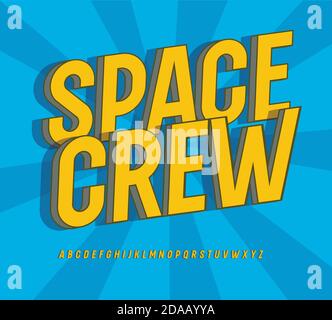 High bold letters, comic book style alphabet. Yellow cartoon font on blue background with radial rays. Type for retro logo, nostalgic art monogram Stock Vector