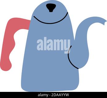 Doodle kettle, classic metal teapot for water. Household kitchen utensil, isolated vector icon on white background, doodle hand drawn illustration Stock Vector