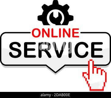 Online technical service. Advertising internet maintenance and support.  Flat design badge, icon with cursor . Illustration, vector Stock Vector