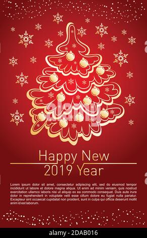 New Year greeting card design with stylized Christmas tree, snowflakes and decorations. Vector golden line illustration Stock Vector