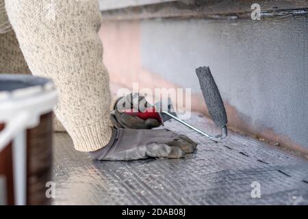 Man painting home socle with paint roller. Close up of rolling grey paint on building plinth. Home renovation Stock Photo
