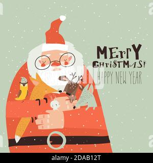 Cartoon Santa Claus hugging cute little animals Stock Vector