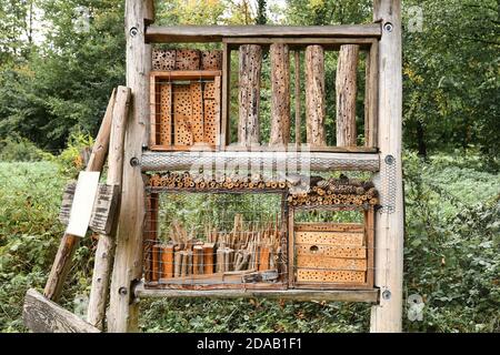 Insect house hotel made out of natural wood material created to provide shelter for insects to prevent their extinction Stock Photo