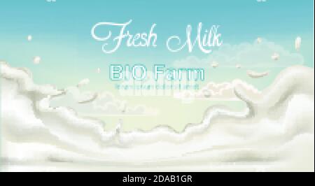 Splashing fresh milk from bio fam with blue sky in background. Place for text. 3D mockup product placement. Vector Stock Vector