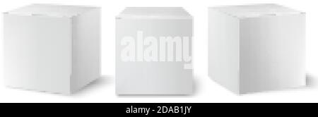 Set of three white boxes positioned at different angles. Realistic. 3D mockup product placement. Vector Stock Vector