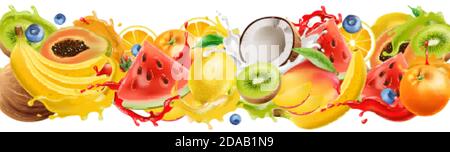 Composition of tropical fruits splashing in flowing juice. Watermelon, orange, coconut, kiwi, mango, banana, blueberries. Realistic 3D mockup product Stock Vector