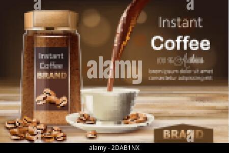 Glass jar with instant arabica coffee with roasted beans around it and a cup with liquid pouring from top. Place for text. 3D mockup product placement Stock Vector