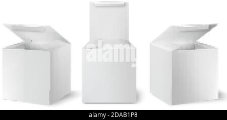 Set of three white boxes with opened lids positioned at different angles. Realistic. 3D mockup product placement. Vector Stock Vector