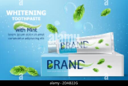 Tube of whitening toothpaste with mint on top. Carton box surrounded by bubbles, sparkles and leaves. Place for text. Realistic 3D mockup product plac Stock Vector