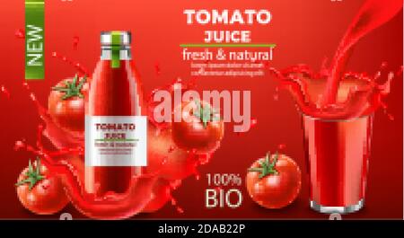 Bottle of fresh and natural bio juice submerged in flowing liquid and tomatoes with a cup of splashing fluid. Place for text. Realistic 3D mockup prod Stock Vector